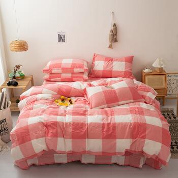 全棉色织水洗棉四件套床上用品被套日式床单粉红大格20床